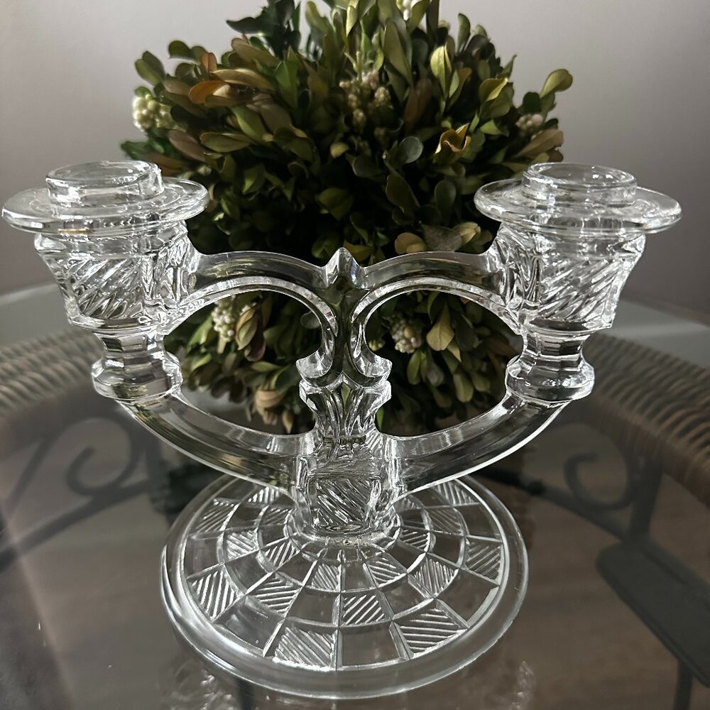 Indiana Glass Taper Candle Clear Glass Holder "Block & Rib" Pattern 1940s